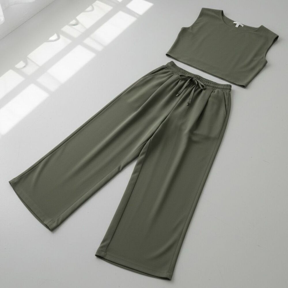 Linen Crop Top & Wide Leg Pant Set NWT | Olive Green | Very J - Picture 8 of 8